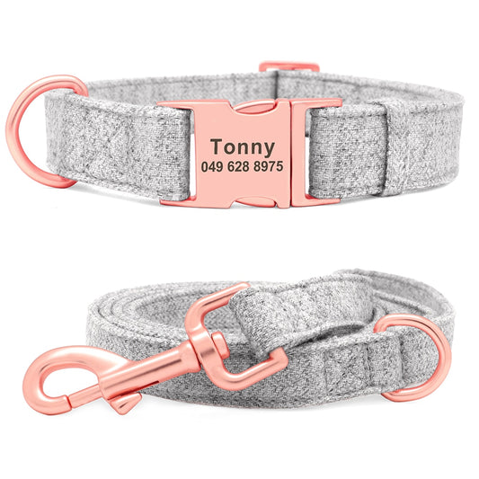 Personalized Rose Gold Hemp Collar and Leash-Light Gray