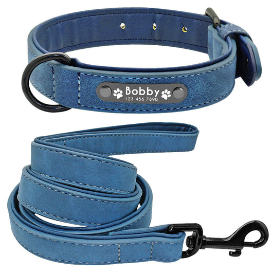 Personalized Leather  Dog Collar and Leash-Navy Blue